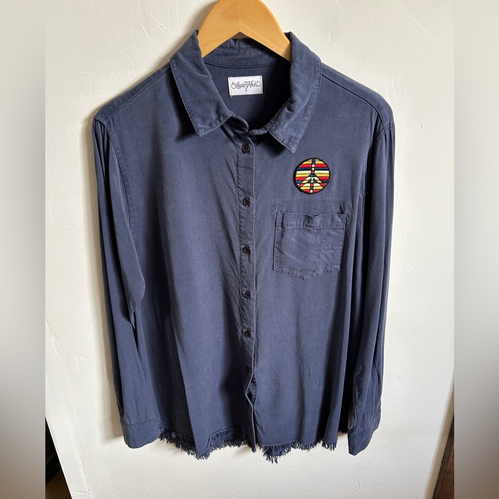 Lauren Moshi Sloan Button Down Blouse Peace, love patches